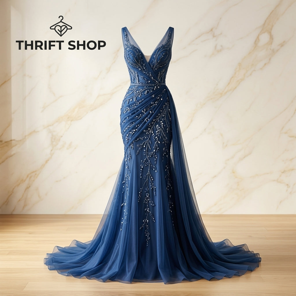Thrifttshop™ Sapphire Grace Evening Gown